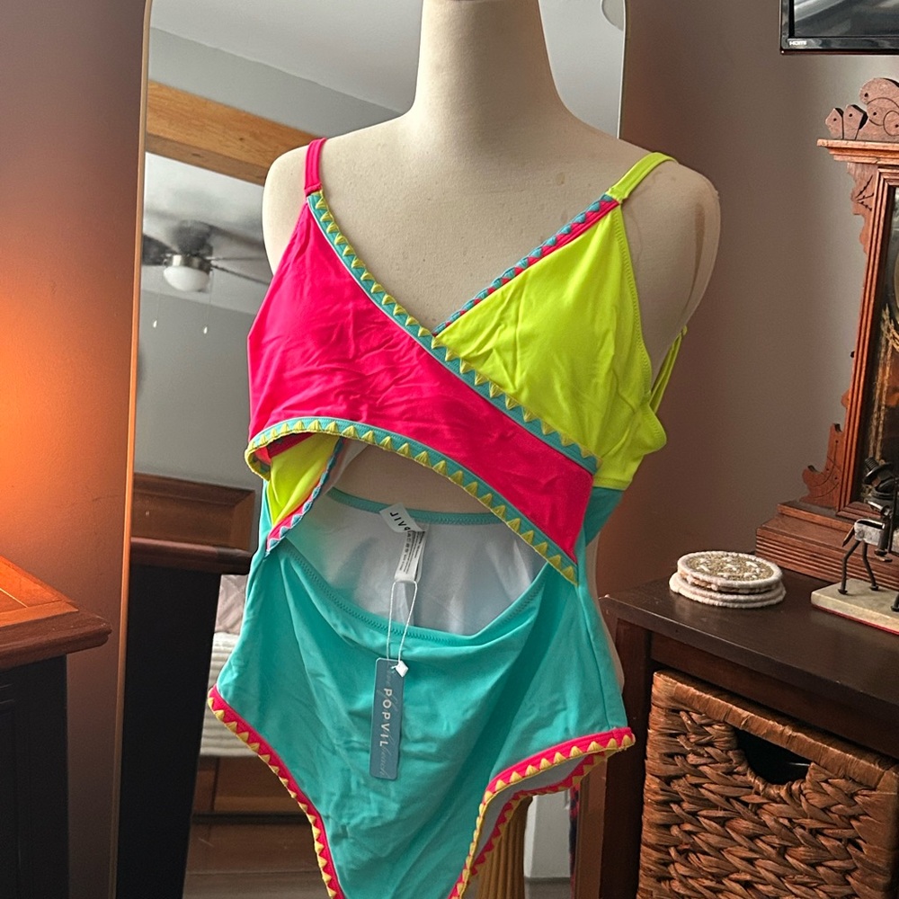 Popvil Colorblock One-Piece Swimsuit | Neon Pink, Lime & Teal | Size Small